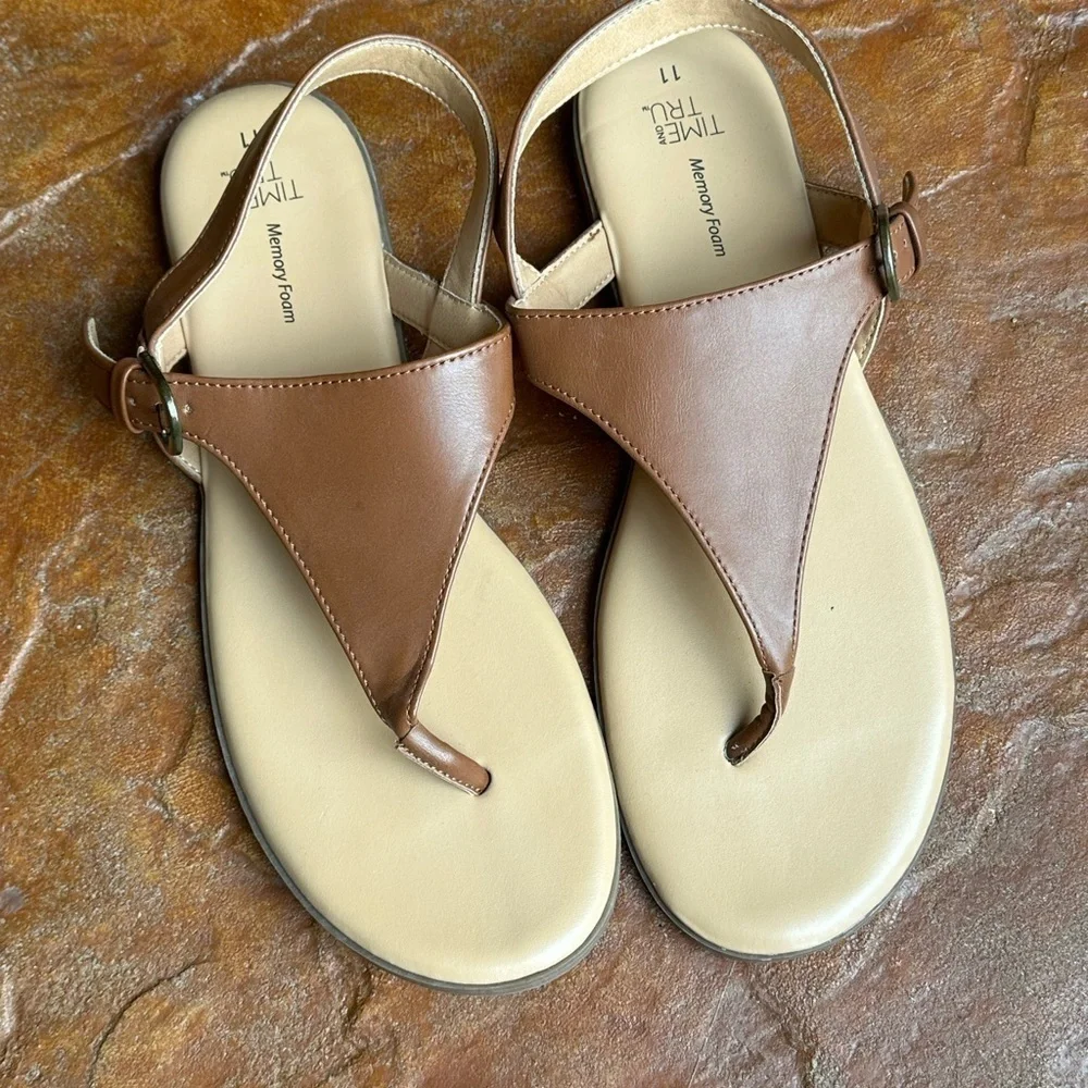 Time and Tru Brown Boho Thong Slingback Minimalist Sandals Sz 11